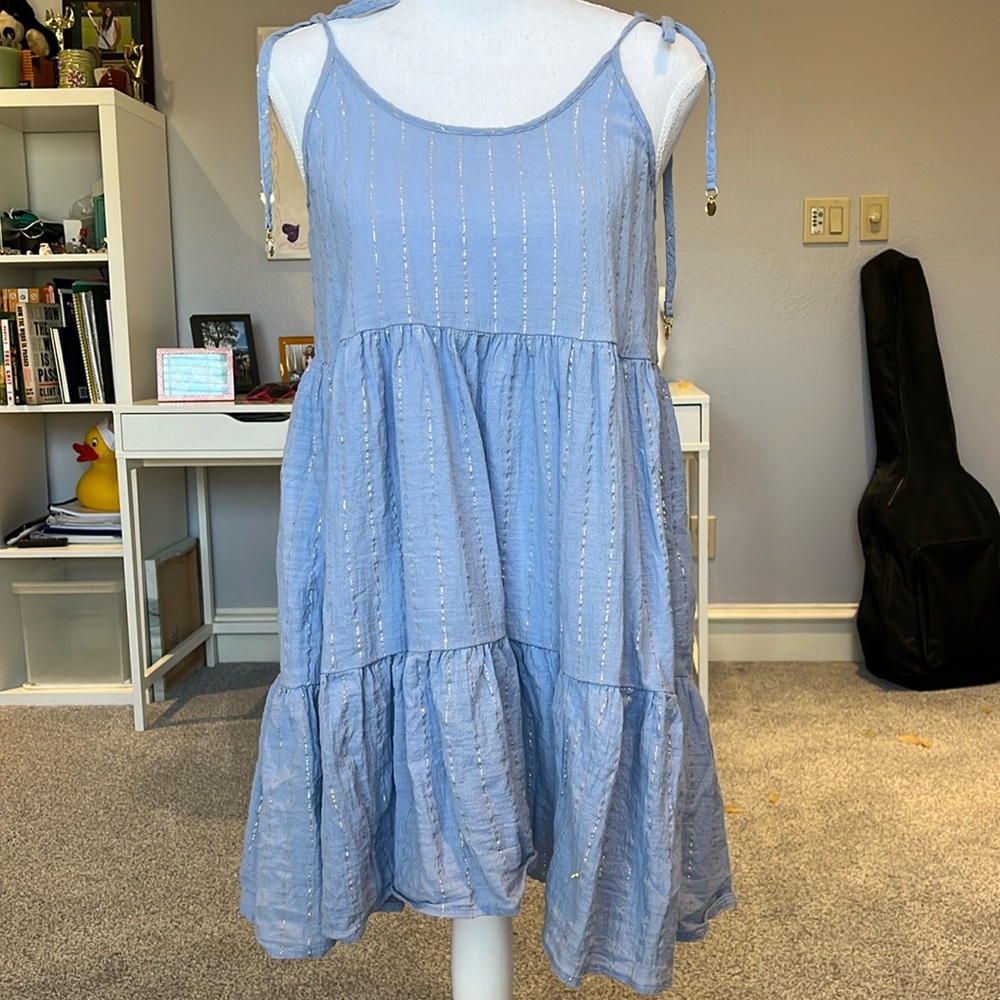 Super cute baby blue mini dress with gold accents